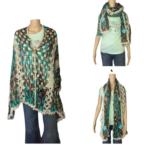 Hand Crafted Sweaters - Crocheted Multi-way Poncho Wrap Scarf OOAK!